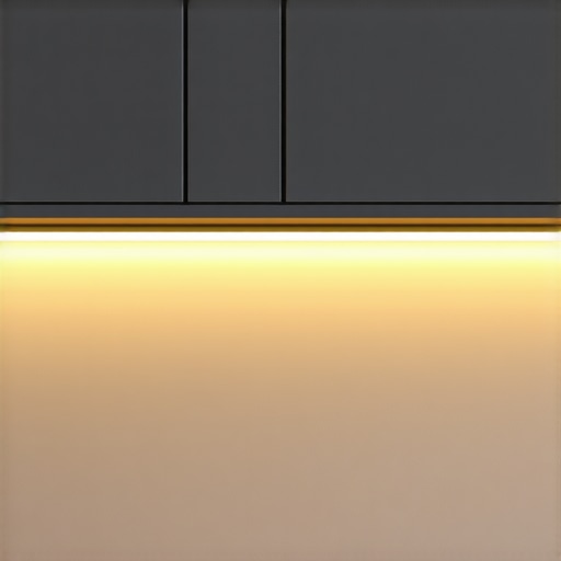 Warm LED under-cabinet lights highlighting textured matte kitchen cabinets