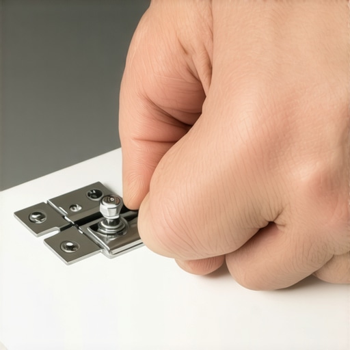 A person fine-tuning a soft-close cabinet hinge for better performance.