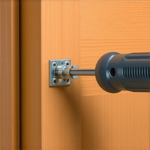 A hand using a screwdriver to adjust a concealed cabinet hinge on a wooden door.