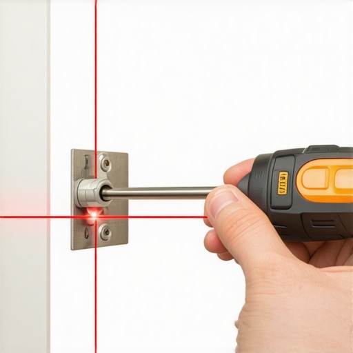 A person performing a 5-minute hinge adjustment on custom kitchen cabinets using a laser level.