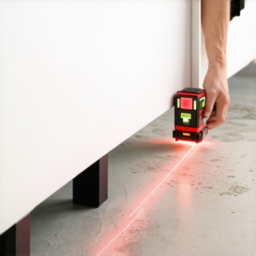 Adjusting Cabinet Legs with Laser Precision A technician adjusting black adjustable cabinet feet to align with a horizontal red laser line on a residential concrete floor.
