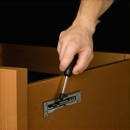 Adjusting Custom Cabinet Hardware for Longevity A homeowner performing maintenance on a custom cabinet hinge using a screwdriver to ensure proper alignment.