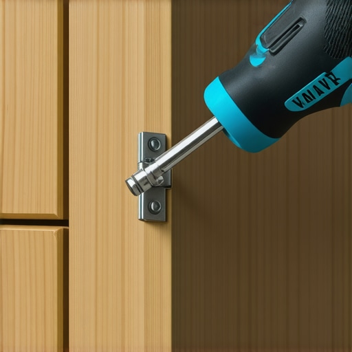 Adjusting Custom Cabinet Hardware A close-up shot of a hand using a screwdriver to adjust the hinge of a custom kitchen cabinet for perfect alignment.