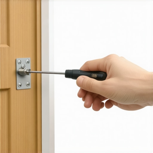 Adjusting Custom Cabinet Hinges A homeowner using a screwdriver to adjust the alignment of a custom kitchen cabinet door hinge.