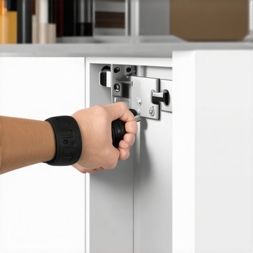 A person using a screwdriver to perform a 5-minute hinge adjustment on custom kitchen cabinets.