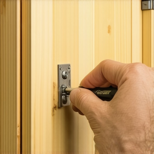 Adjusting Custom Cabinet Hinges for Precision A homeowner adjusting a custom cabinet hinge with a screwdriver to ensure perfect door alignment.