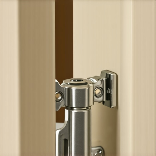 Close up of a manual screwdriver adjusting a modern soft-close cabinet hinge.