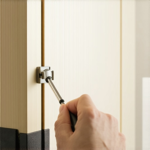 Adjusting Custom Cabinet Hinges with Precision Tools Close-up of a PoziDriv screwdriver adjusting a European cabinet hinge in a modern kitchen