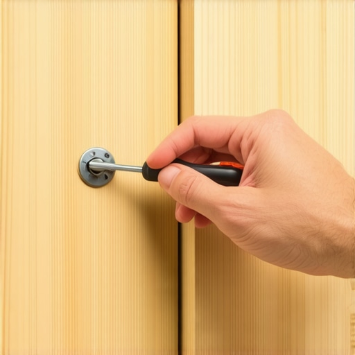 Adjusting Custom Cabinet Hinges with Precision Tools Close-up of a PoziDriv screwdriver adjusting a cabinet hinge.