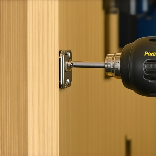 Close up of a PoziDriv screwdriver adjusting a cabinet hinge for maintenance