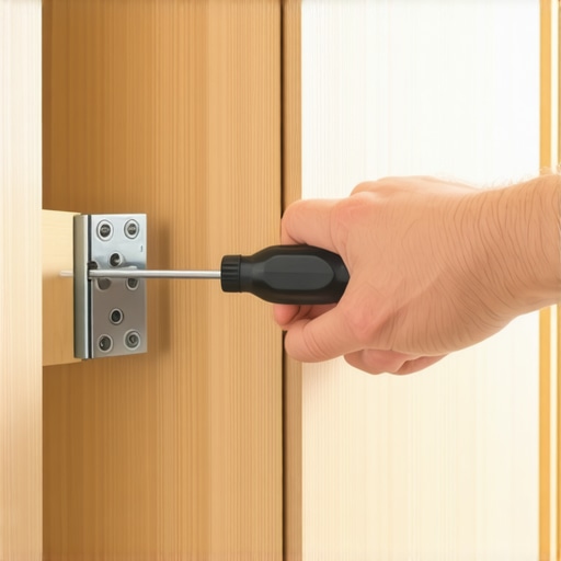 Adjusting Custom Cabinet Hinges A close-up of a screwdriver adjusting a metal cabinet hinge for maintenance.