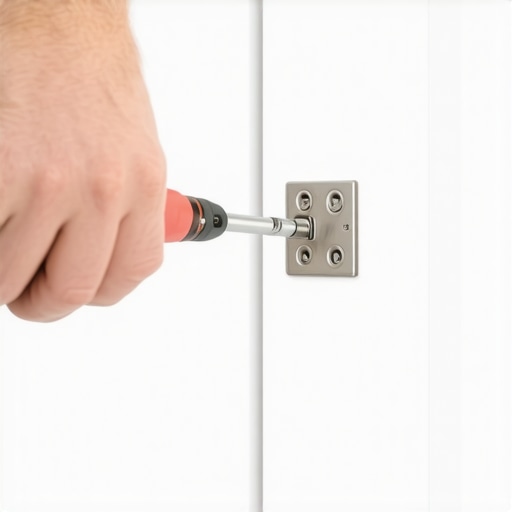 Adjusting European Cabinet Hinge Screws Close-up of a person using a screwdriver to adjust a cabinet door hinge to stop it from rubbing.