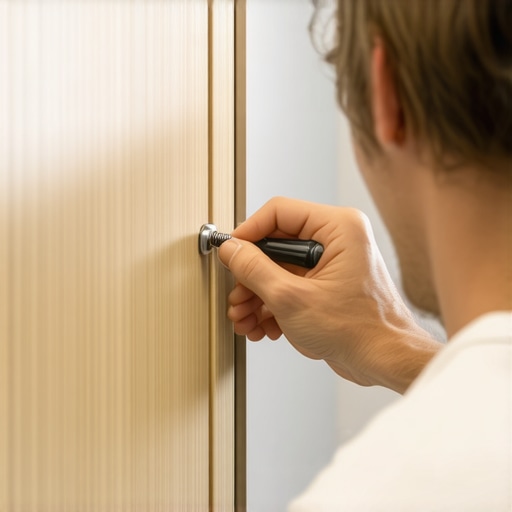 A hand using a specialized screwdriver to align a custom cabinet door hinge.