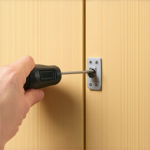 Close up of Pozi-drive screwdriver adjusting a cabinet hinge for better door alignment.