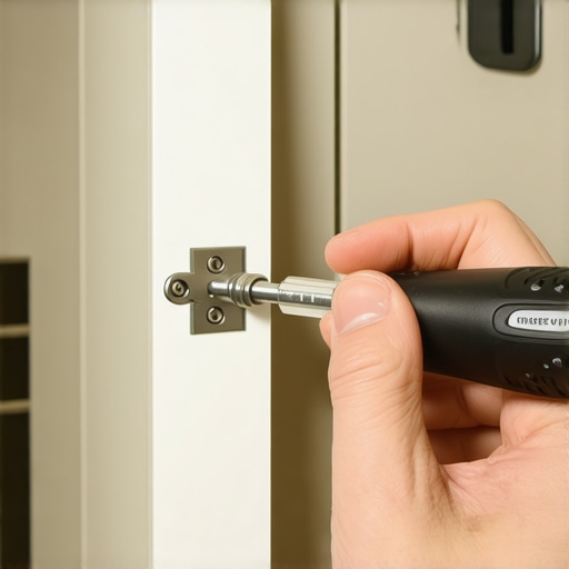 Adjusting European Cabinet Hinges for Perfect Alignment Close-up of adjusting a soft-close cabinet hinge with a screwdriver