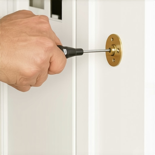 A technician adjusting a metal cabinet hinge on a white kitchen door to ensure level reveals.