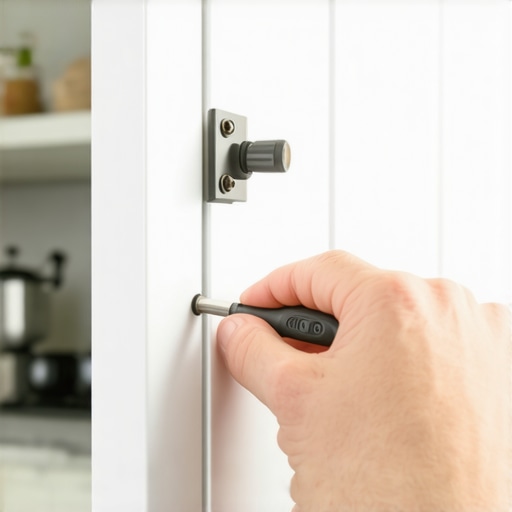 Adjusting European Cabinet Hinges for Perfect Alignment Close-up of a person adjusting a metal hinge on a custom cabinet door to fix a gap.