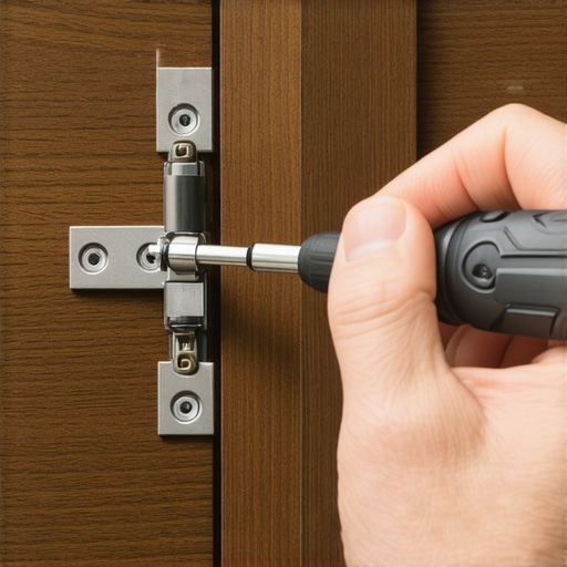 Close up of a screwdriver adjusting a cabinet hinge for perfect alignment