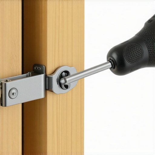 Close up of a Pozi-drive screwdriver adjusting a cabinet hinge