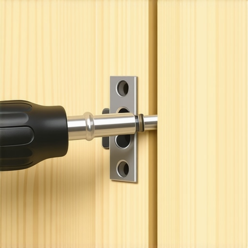 Professional adjusting a Blum hinge on custom kitchen cabinets using a PoziDriv screwdriver.