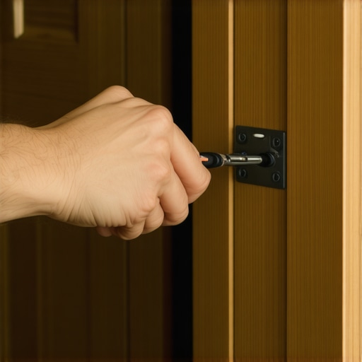 A professional adjusting a custom cabinet hinge using a PoziDriv screwdriver.
