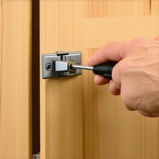 A close-up view of a screwdriver adjusting the lateral screw on a European cabinet hinge for door alignment.