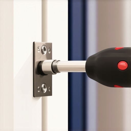 Close up of a screwdriver adjusting a kitchen cabinet hinge for perfect alignment.