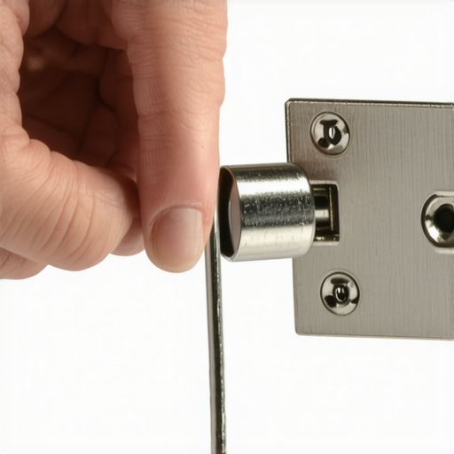 Adjusting European Hinges with a PoziDriv Screwdriver Close up of a hand adjusting a metal cabinet hinge with a screwdriver