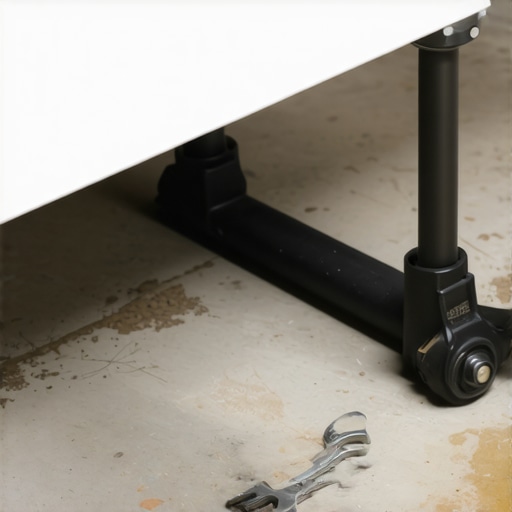Close up of a wrench adjusting an island cabinet leg on a sloped concrete floor