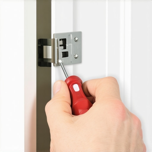 A person adjusting a concealed cabinet hinge with a screwdriver in a modern kitchen.