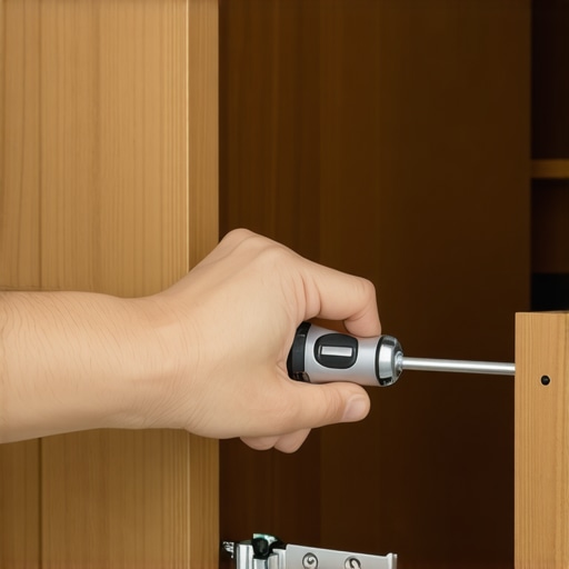 Hand using a screwdriver to adjust a European style cabinet hinge for perfect door alignment