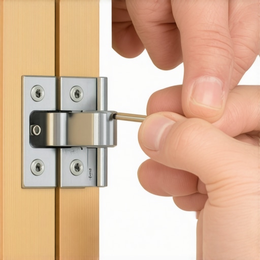 A close-up view of a manual adjustment being made to a kitchen cabinet hinge to fix door alignment.