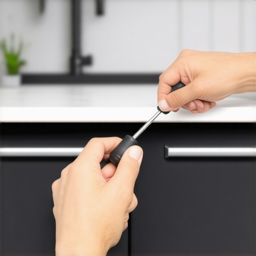Adjusting the tension on a soft-close cabinet hinge Hand adjusting a metal soft-close hinge on a kitchen cabinet door with a screwdriver.