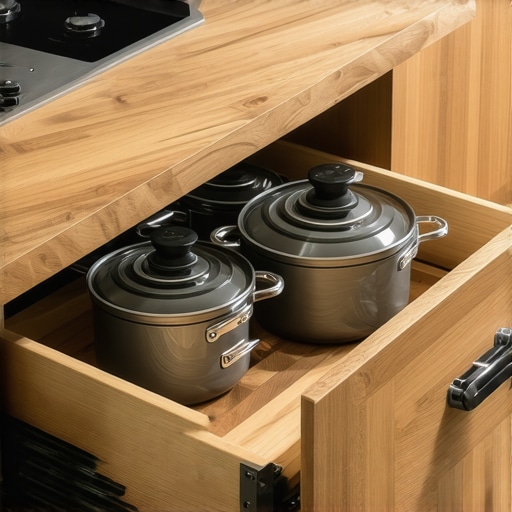 A custom kitchen cabinet drawer with a hidden internal sliding tray for organized lid storage.