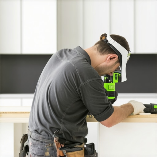 Professional green beam laser level being used for precise cabinet installation in a kitchen remodel