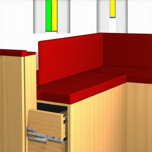 Diagram of a built-in kitchen bench showing proper dimensions and storage drawer mechanics.
