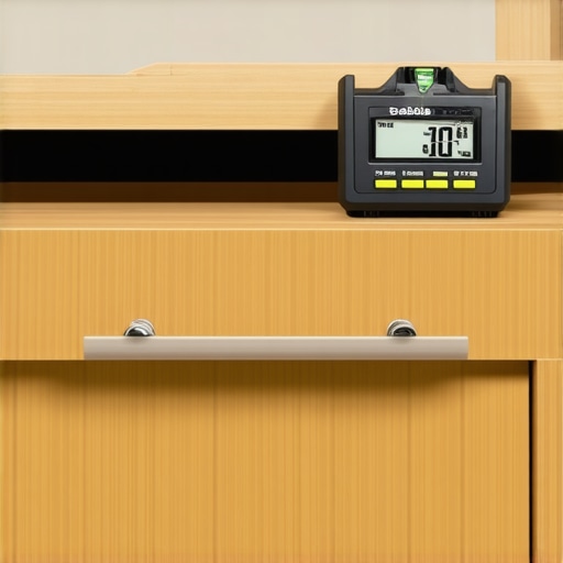 Close up of a digital level on a custom oak cabinet drawer to ensure long-term structural integrity.