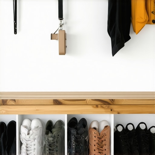A floating mudroom bench design that allows for easy cleaning underneath.