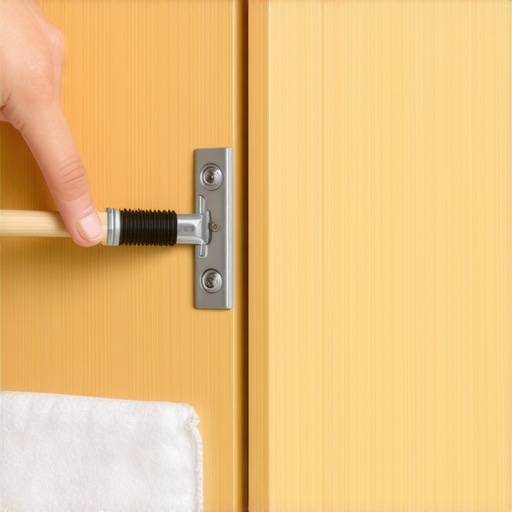Close-up of cleaning a metal cabinet hinge with a brush and cloth.