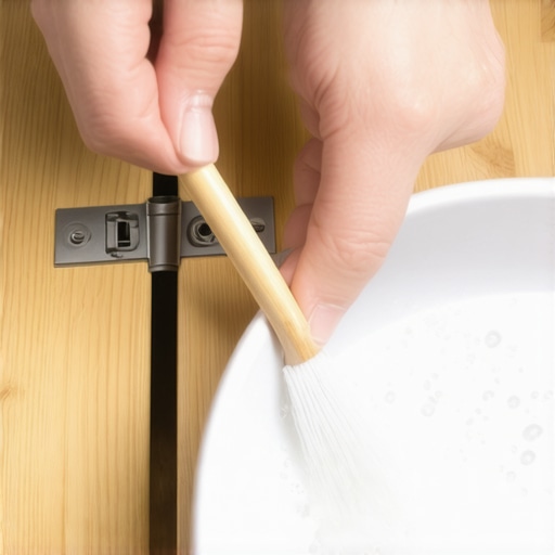 Cleaning a cabinet hinge with a brush Step by step cleaning process for soft close cabinet hinges