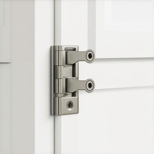 Detail of adjustment screws on a cabinet hinge for aligning inset doors.