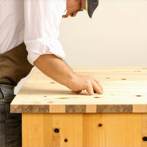 Woodworker using expansion fasteners on a butcher block to prevent cracking.