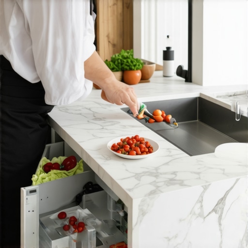 Expertly planned kitchen workflow showing proper landing areas around a sink for better ergonomics.