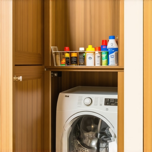 Close up of custom slim laundry cabinet built into a small corner to maximize space.