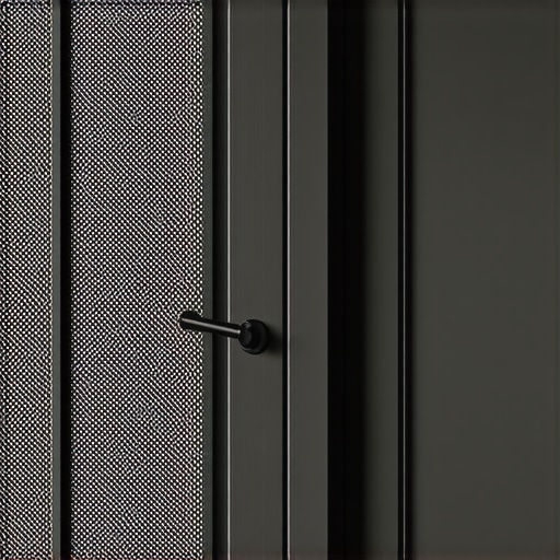Custom Mudroom Cabinet with Mesh Ventilation A close-up of a custom white mudroom cabinet door with a black metal mesh panel for improved airflow.