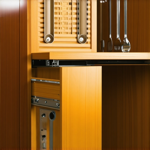 A detailed view of innovative kitchen cabinet storage solutions with wood pull-outs.