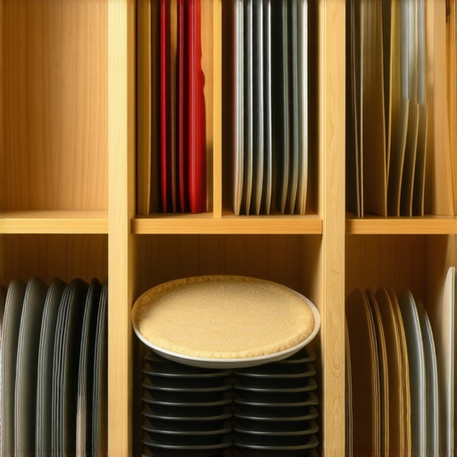 Inside view of a kitchen cabinet featuring vertical plywood dividers organizing cookie sheets and baking pans.