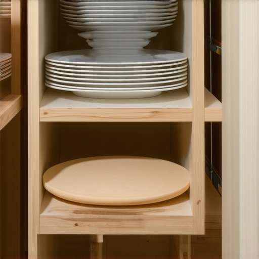 Vertical plywood dividers inside a kitchen cabinet organizing baking sheets and a pizza stone.