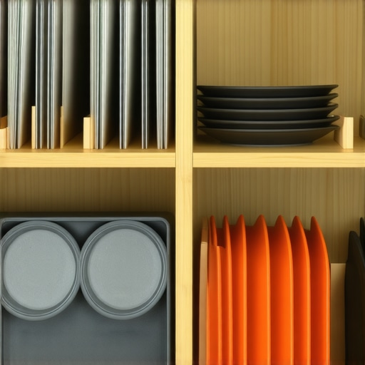 Close-up of organized baking sheets and pizza stone in a custom base cabinet with vertical dividers.