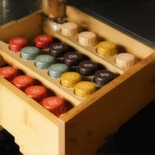 A high-end wooden coffee pod organizer inside a custom kitchen drawer.